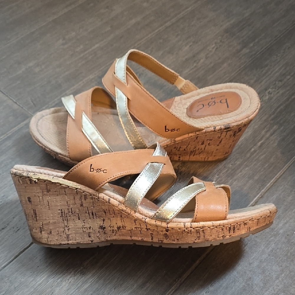 b.o.c. Tan and Gold Cork Wedge Sandals with Strappy Design